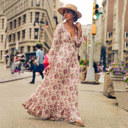 Robe Bohème à Motifs Fleurs Longue